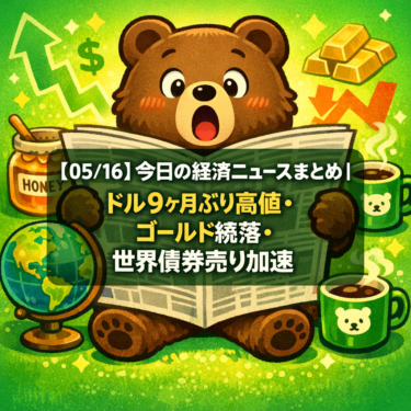 【05/16】今日の経済ニュースまとめ｜ドル9ヶ月ぶり高値・ゴールド続落・世界債券売り加速